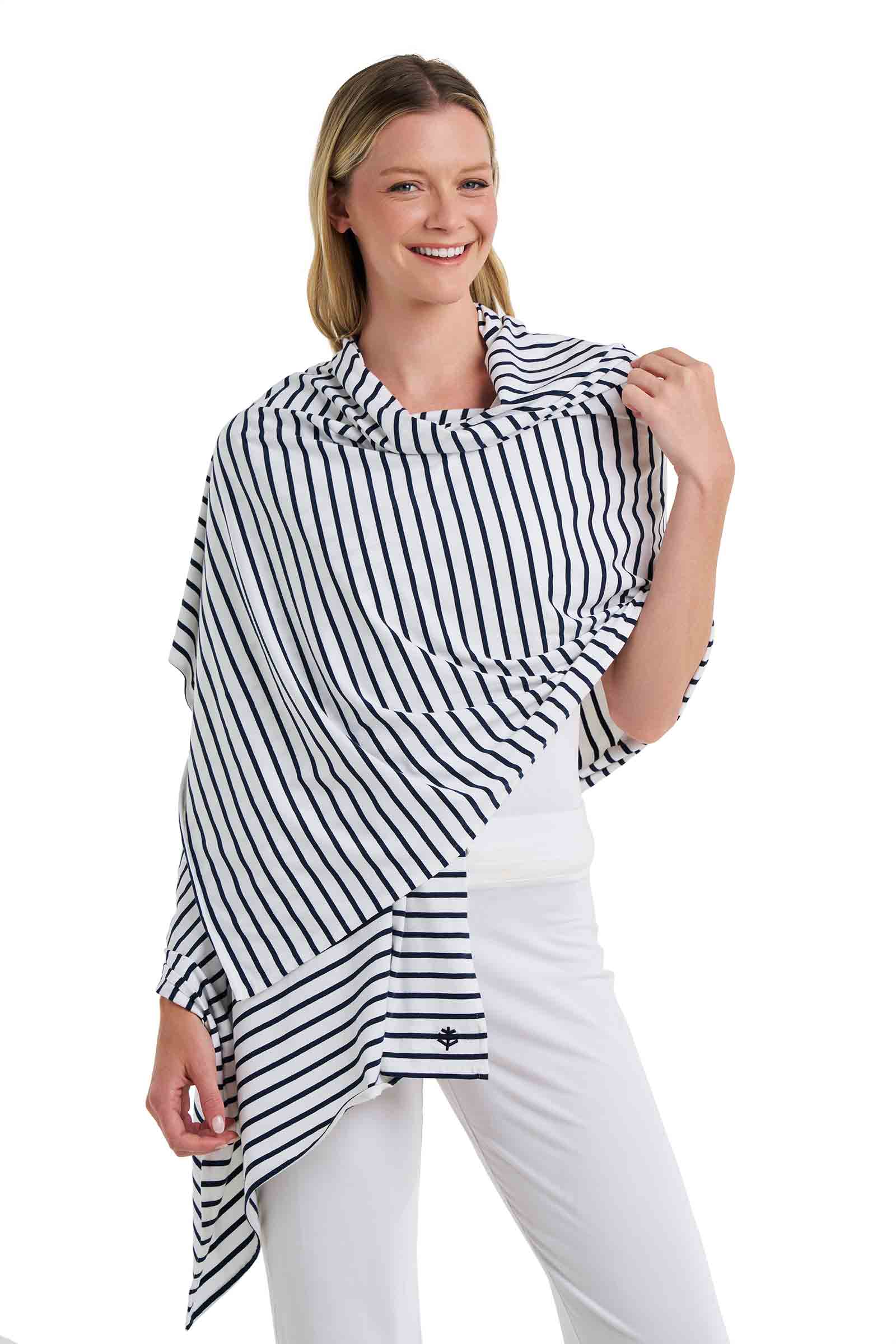 Women's Sanibel Everyday Beach Shawl | White/Navy Stripe - Image 7