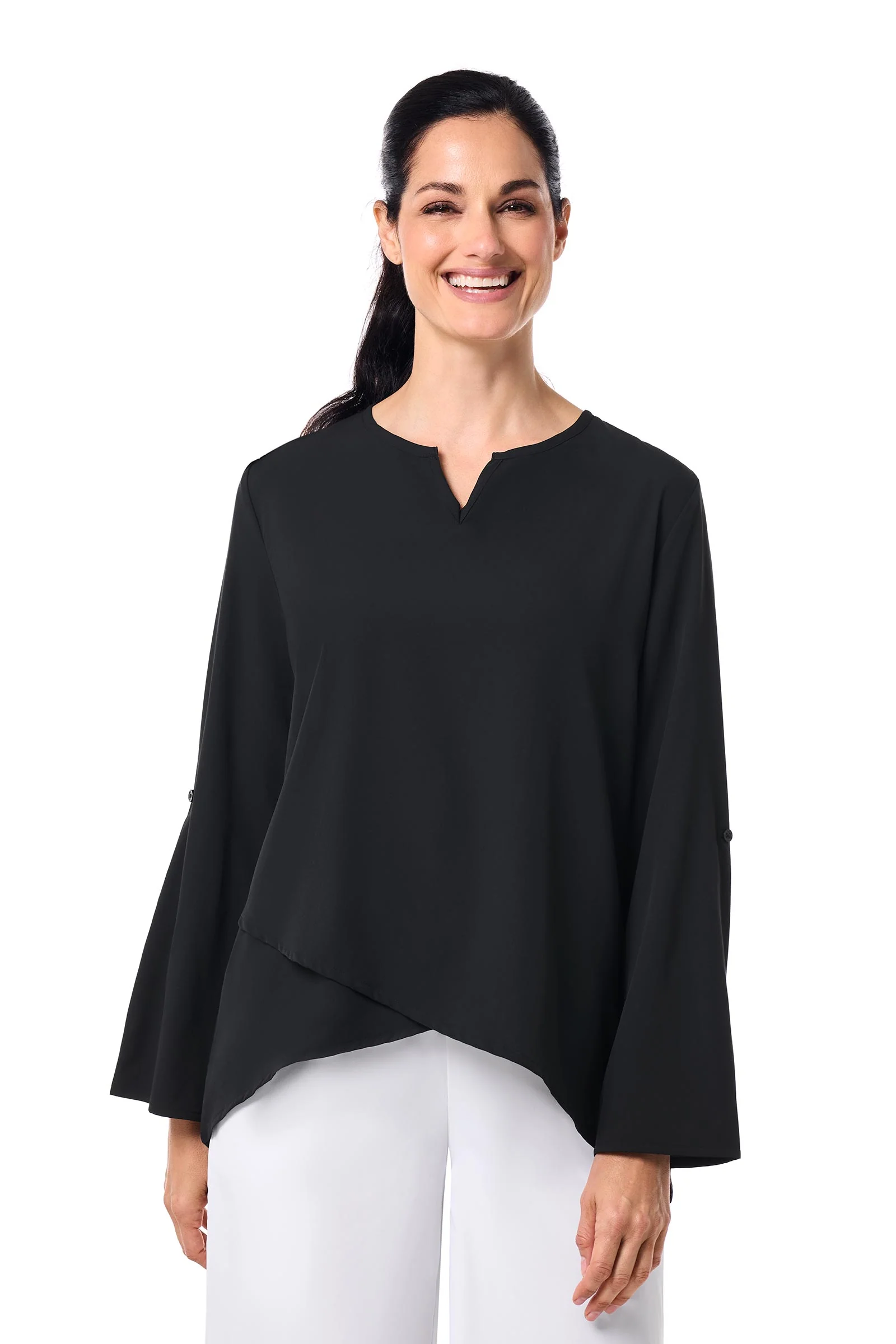 Women's Santa Barbara Tunic Top with Roll-Up Sleeves | Black - Image 2