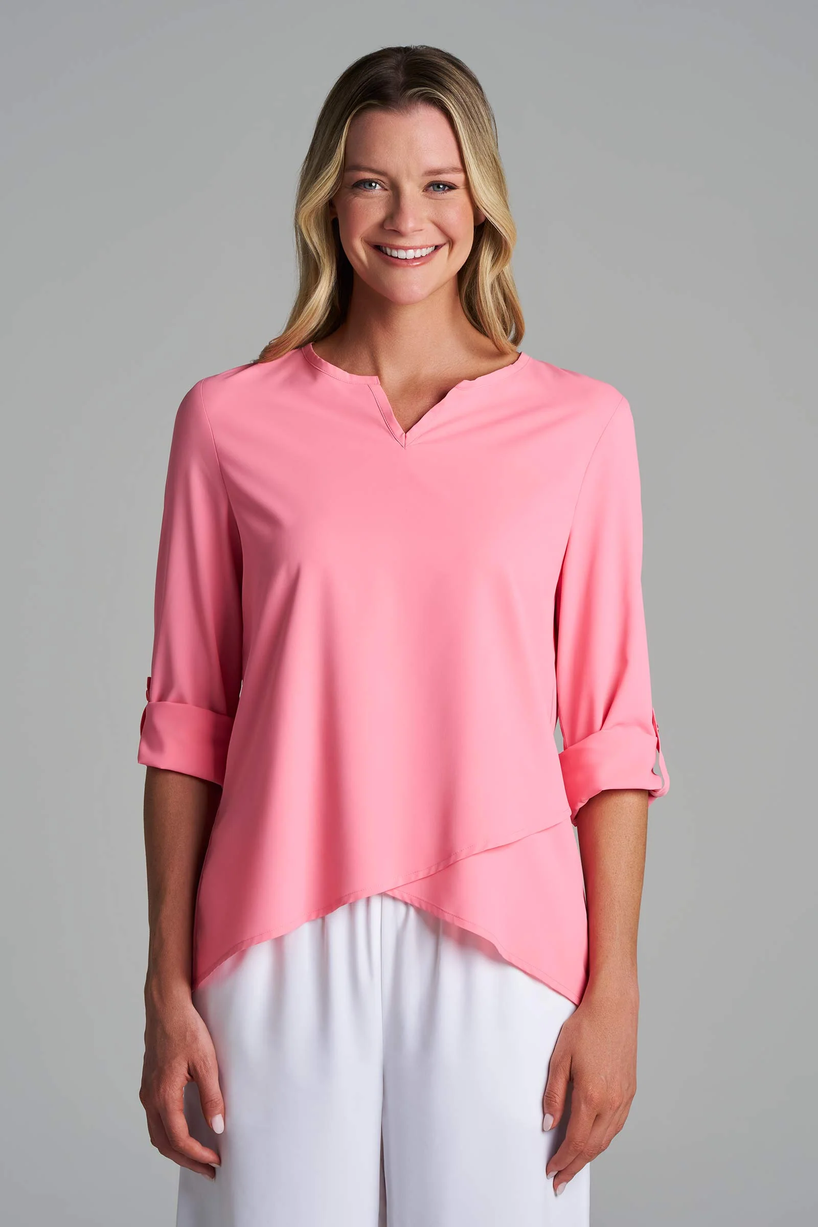 Women's Santa Barbara Tunic Top with Roll-Up Sleeves | Flamingo Pink - Image 2