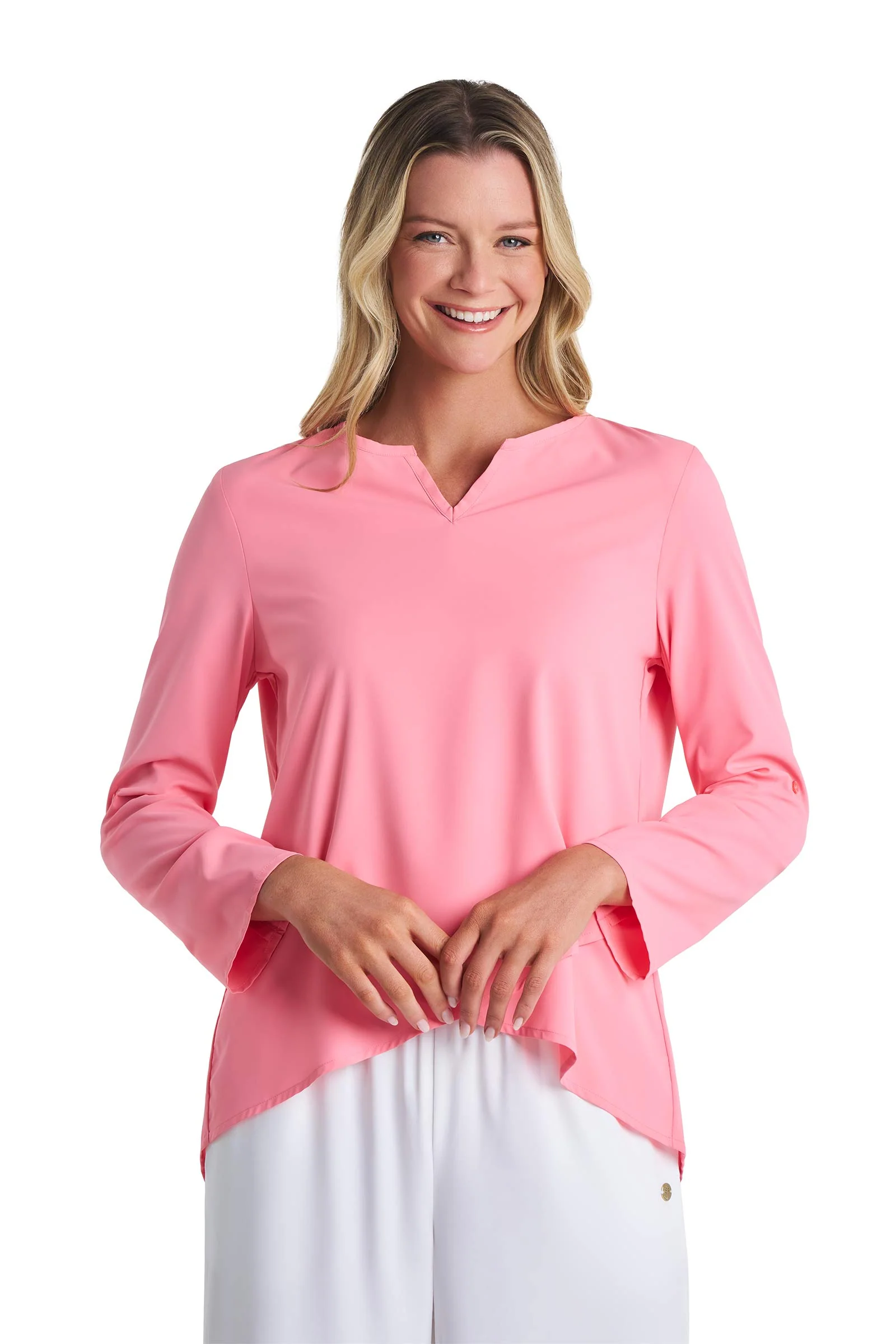 Women's Santa Barbara Tunic Top with Roll-Up Sleeves | Flamingo Pink - Image 3