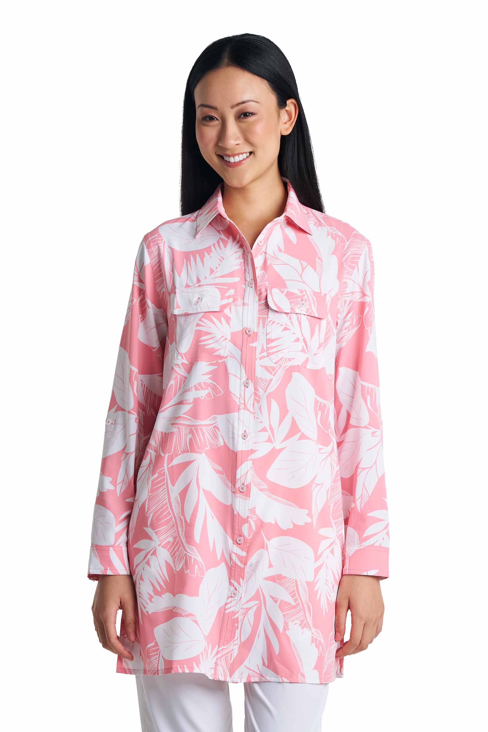 Women's Santorini Tunic Shirt | Flamingo Pink Palm Paradise - Image 2