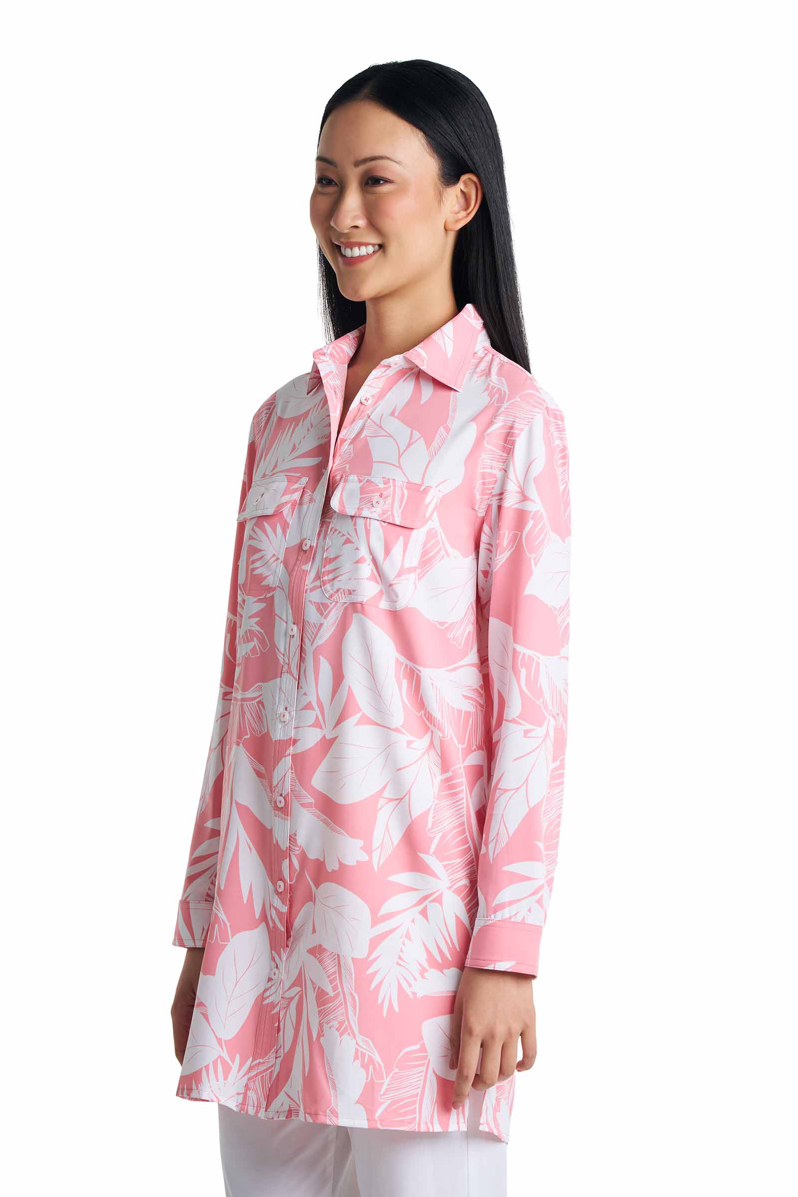 Women's Santorini Tunic Shirt | Flamingo Pink Palm Paradise - Image 3