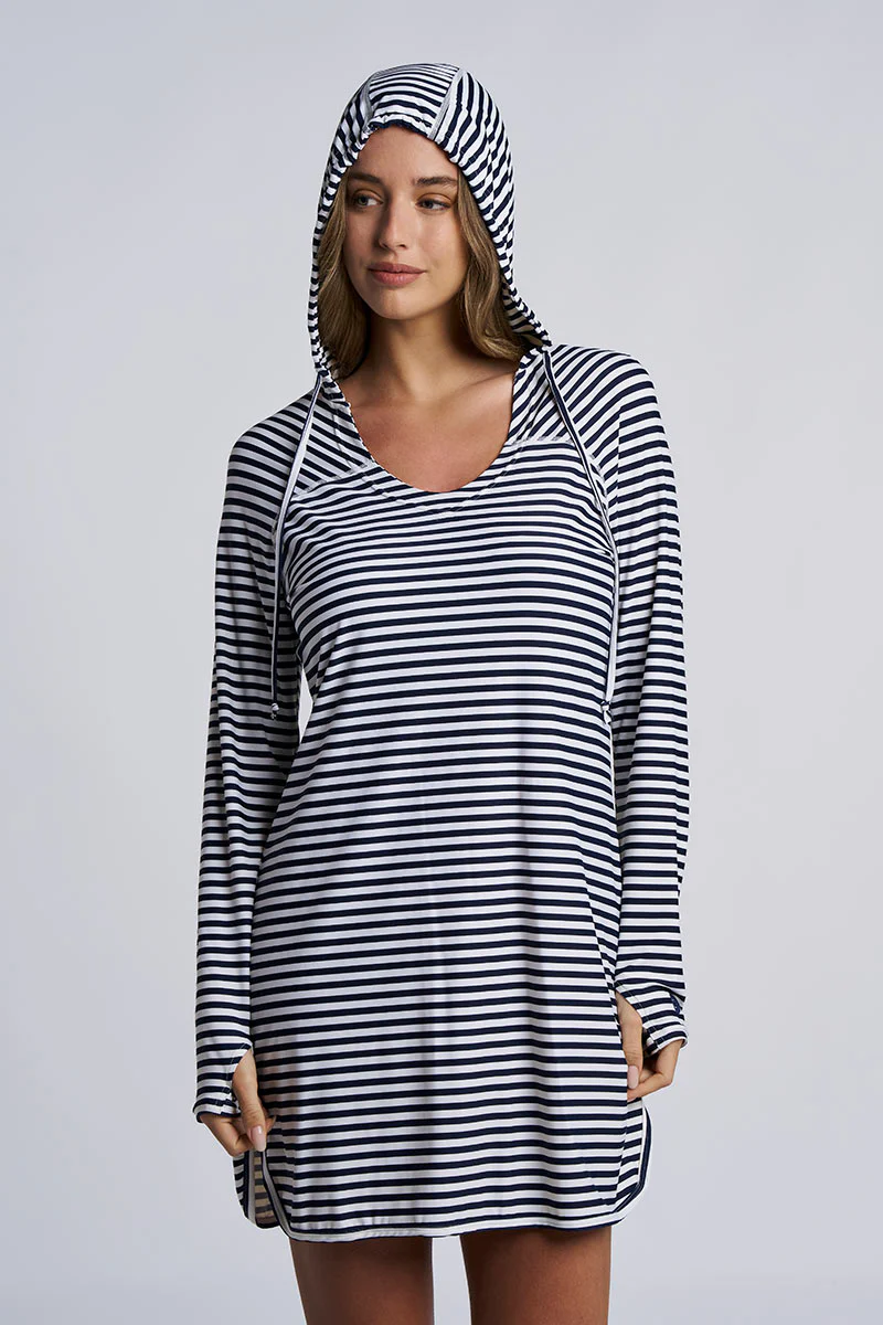 Women's Seacoast Swim Cover-Up Dress | White/Navy Stripe - Image 7