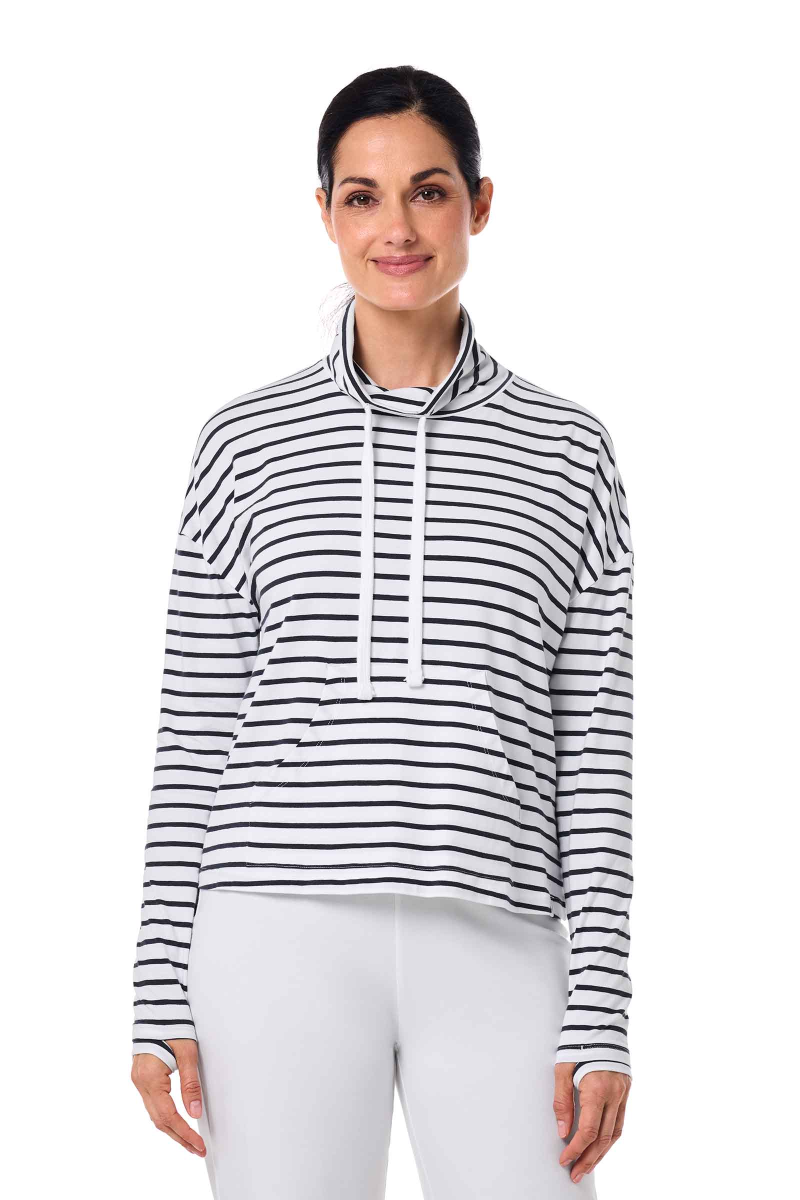 Women's Solana Mock Neck Pullover | White/Navy Stripe - Image 2