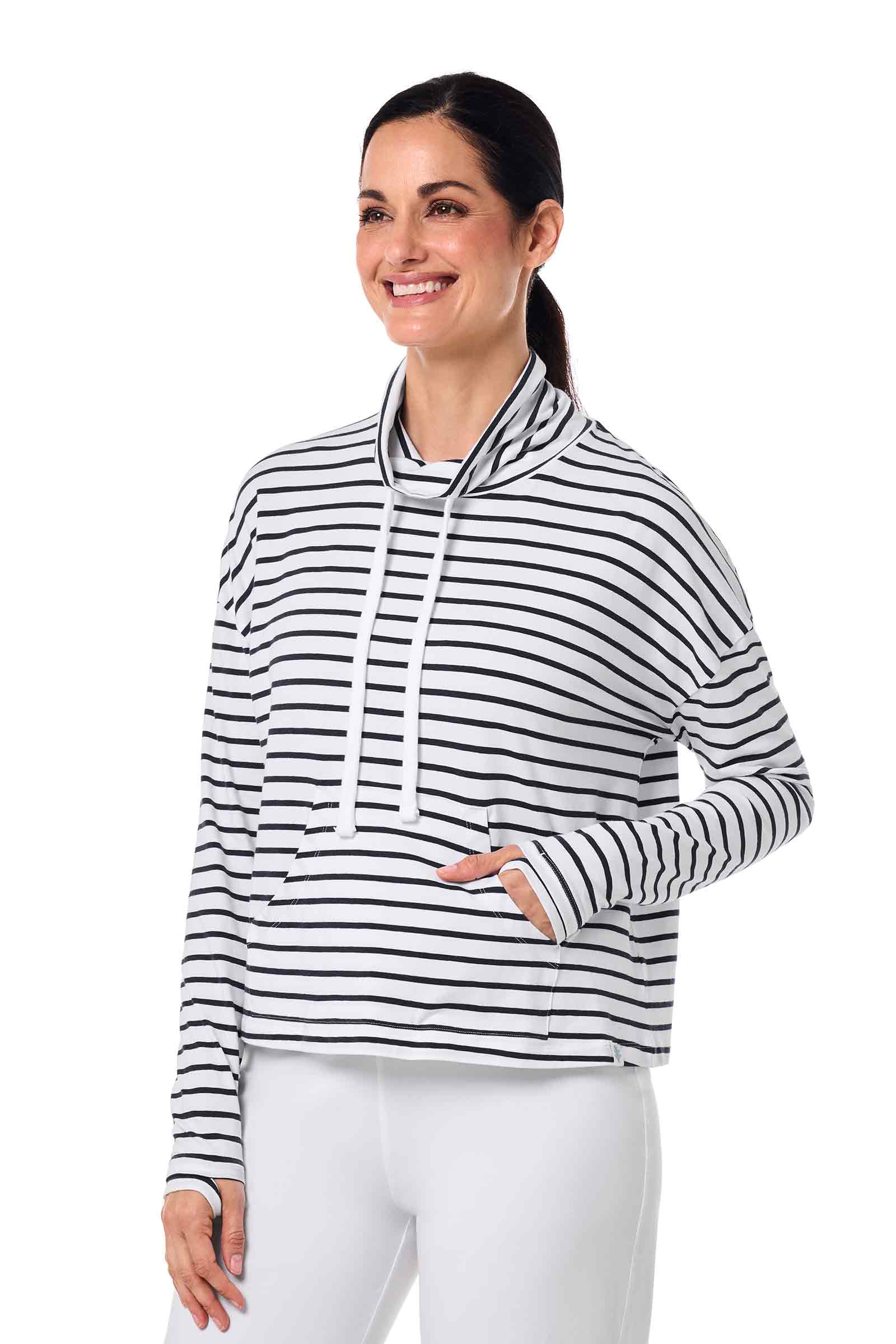 Women's Solana Mock Neck Pullover | White/Navy Stripe - Image 3