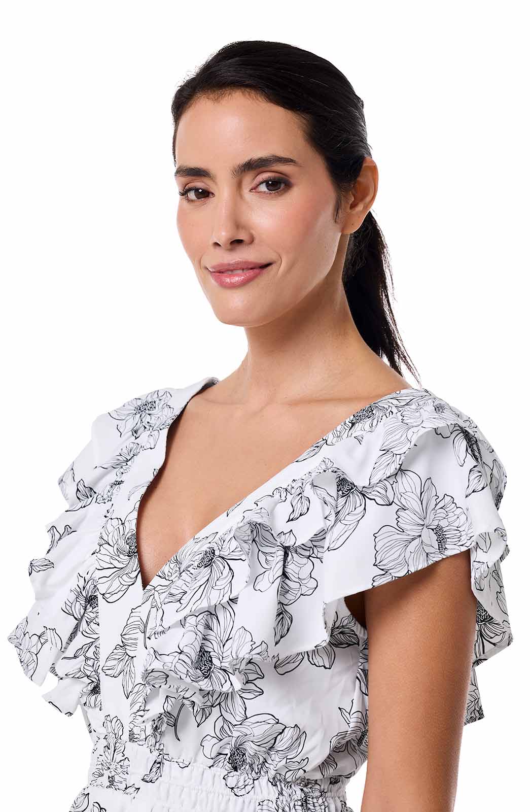 Women's South Cove V-Neck Ruffle Dress | White/Black Perfect Peony - Image 6