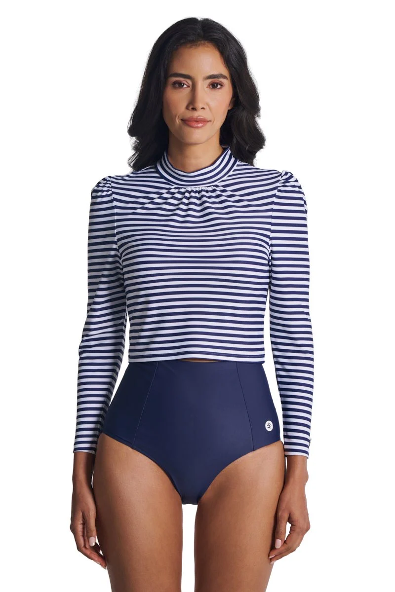 Women's Toscana Puff Sleeve Swim Top | White/Navy Stripe - Image 6