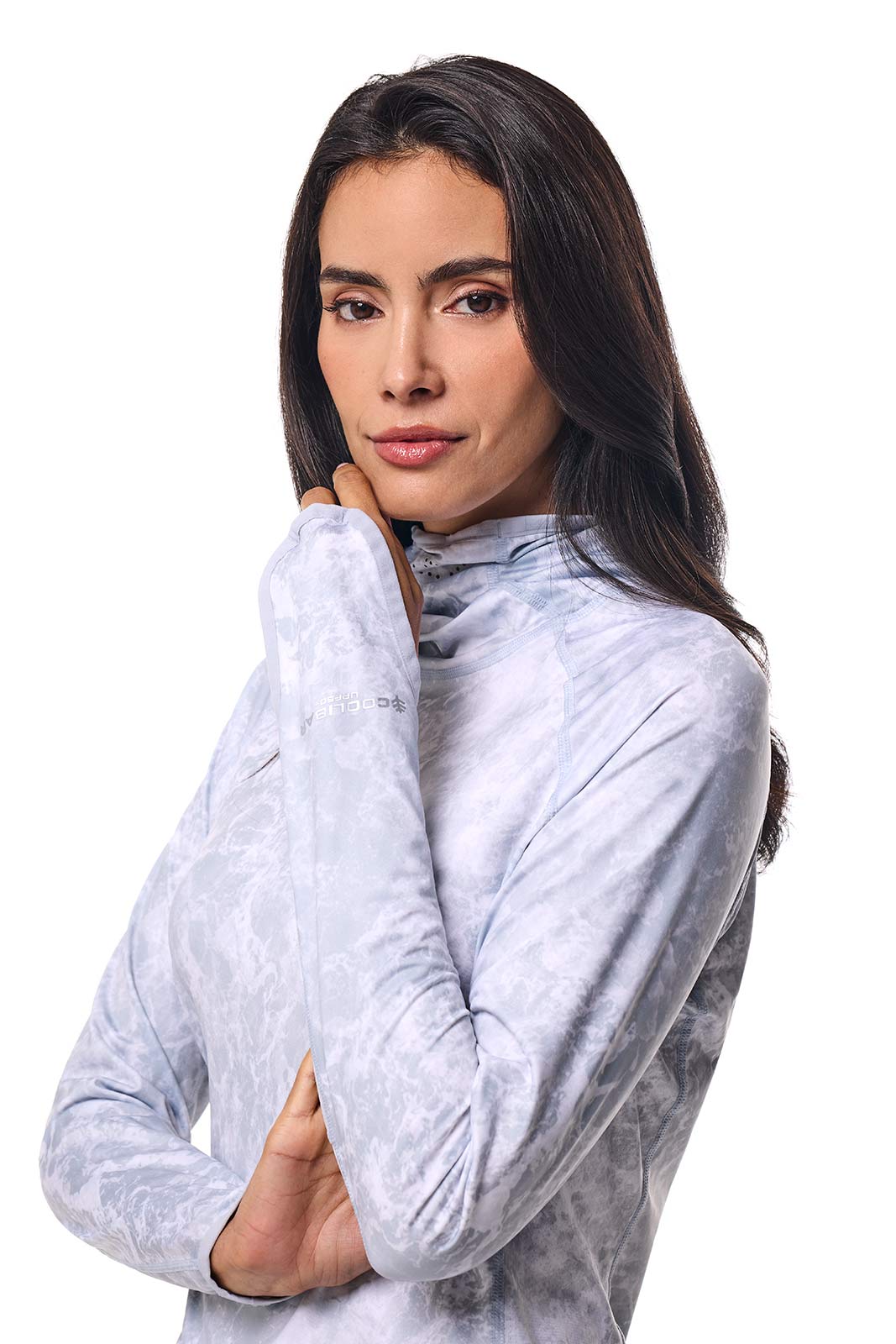 Women's Vented Paros Fishing Hoodie | Grey Water Print - Image 7
