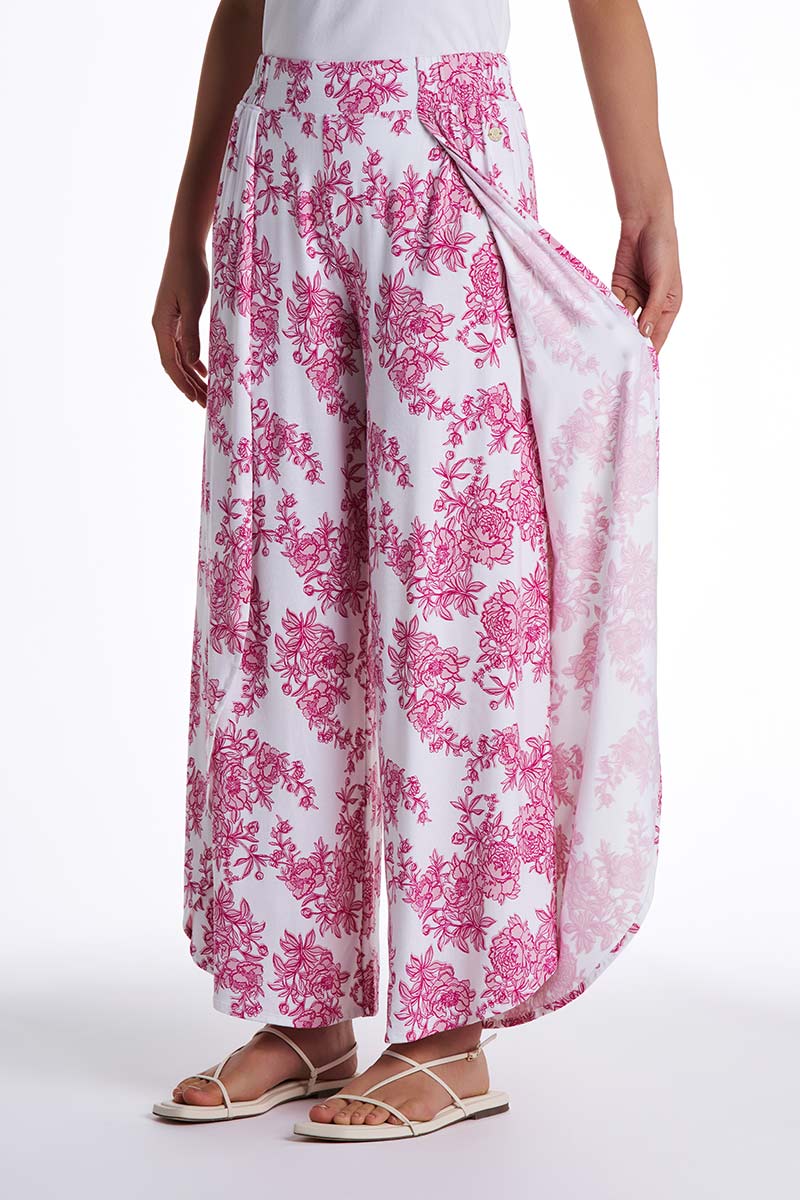 Women's Lynsu Wide Leg Pants with Overlap Detail | Fuchsia Bouquet - Image 3